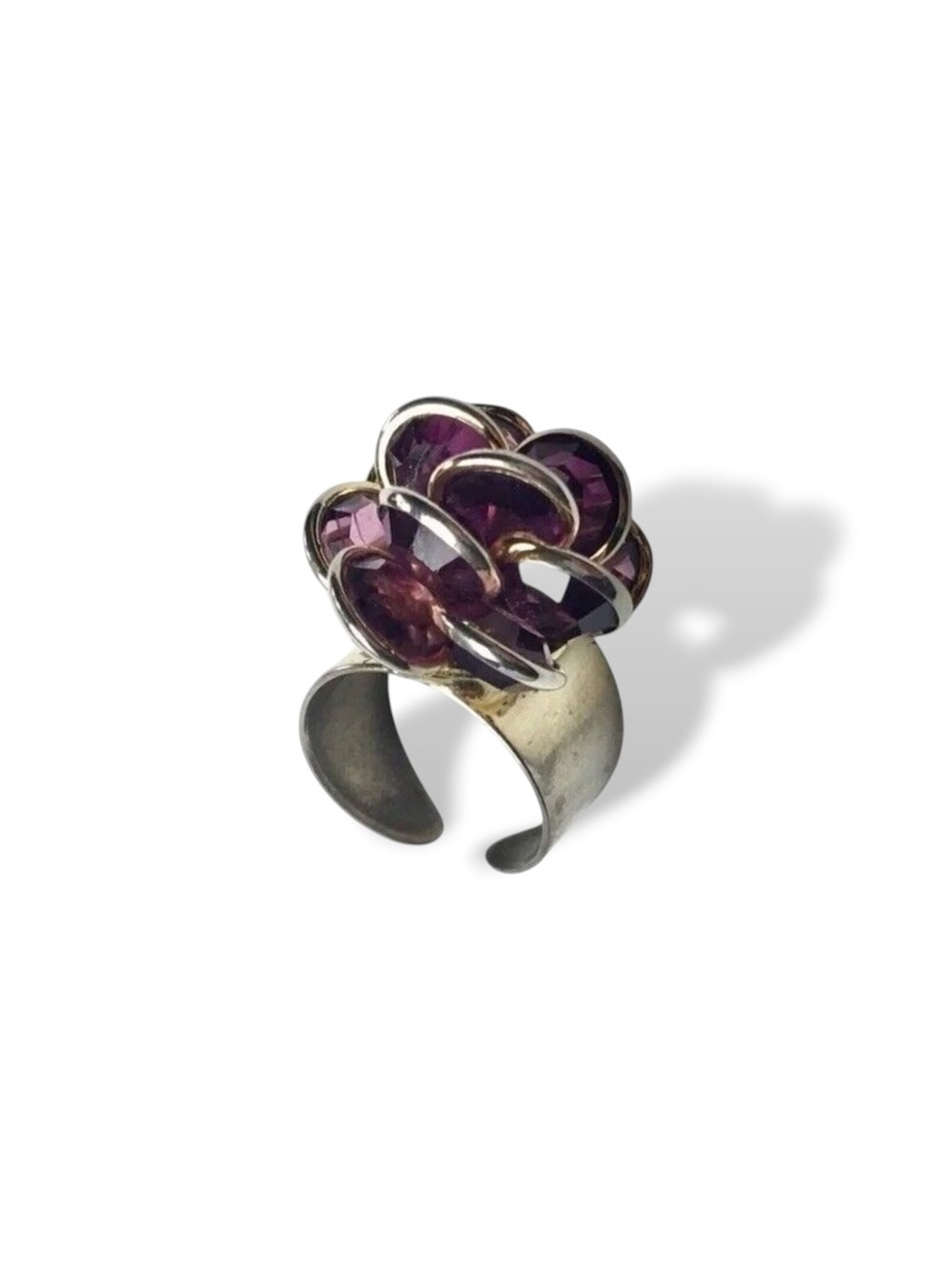 Vintage Floral Ring Size 7.5 Adjustable Band Purple Glass Flower - Flaws